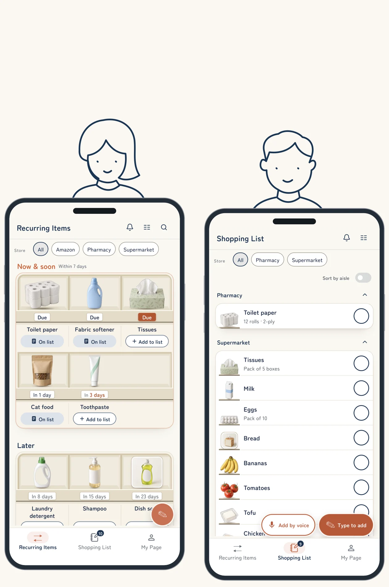 Two people using Shopping Rhythm, one says tissues are running out and the other offers to buy them on the way home, holding the recurring items and shopping list screens